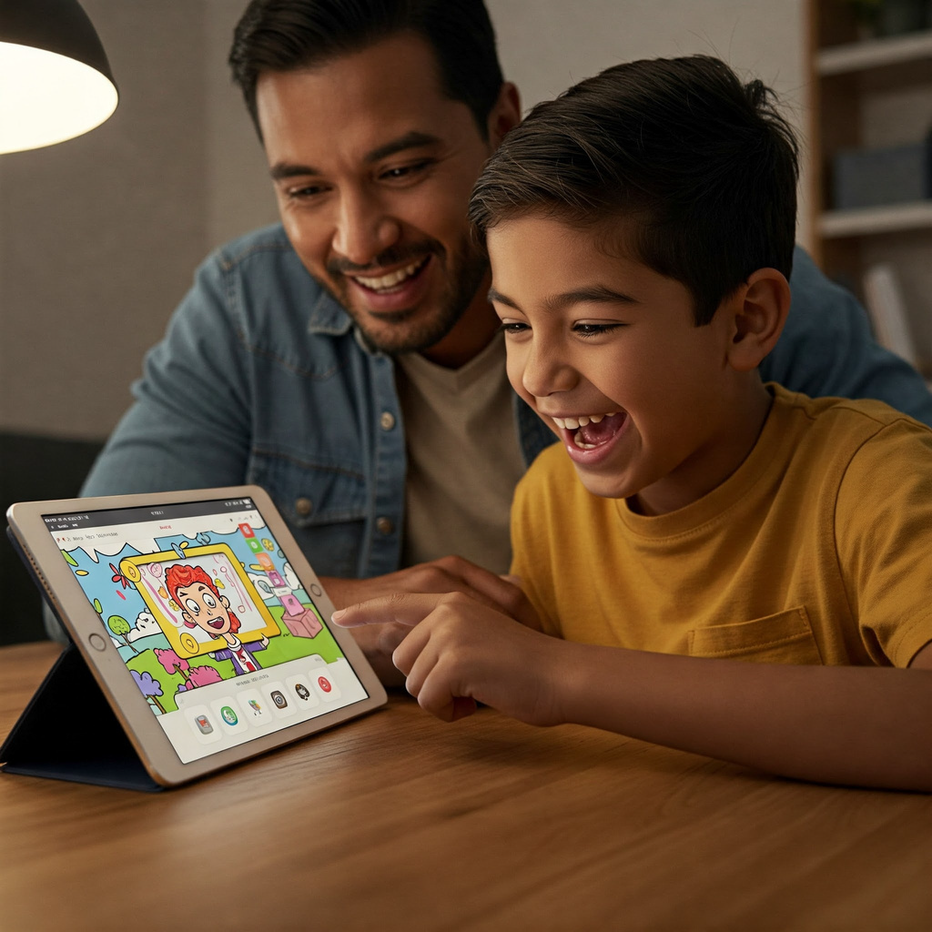 Family using tablet for storytelling