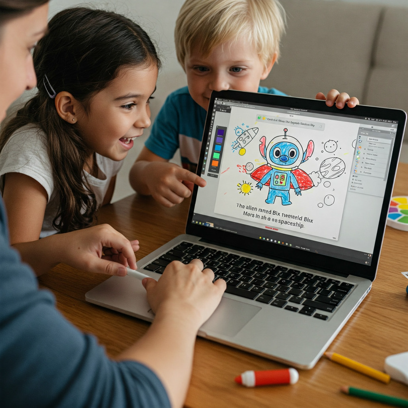 Children collaborating on a laptop