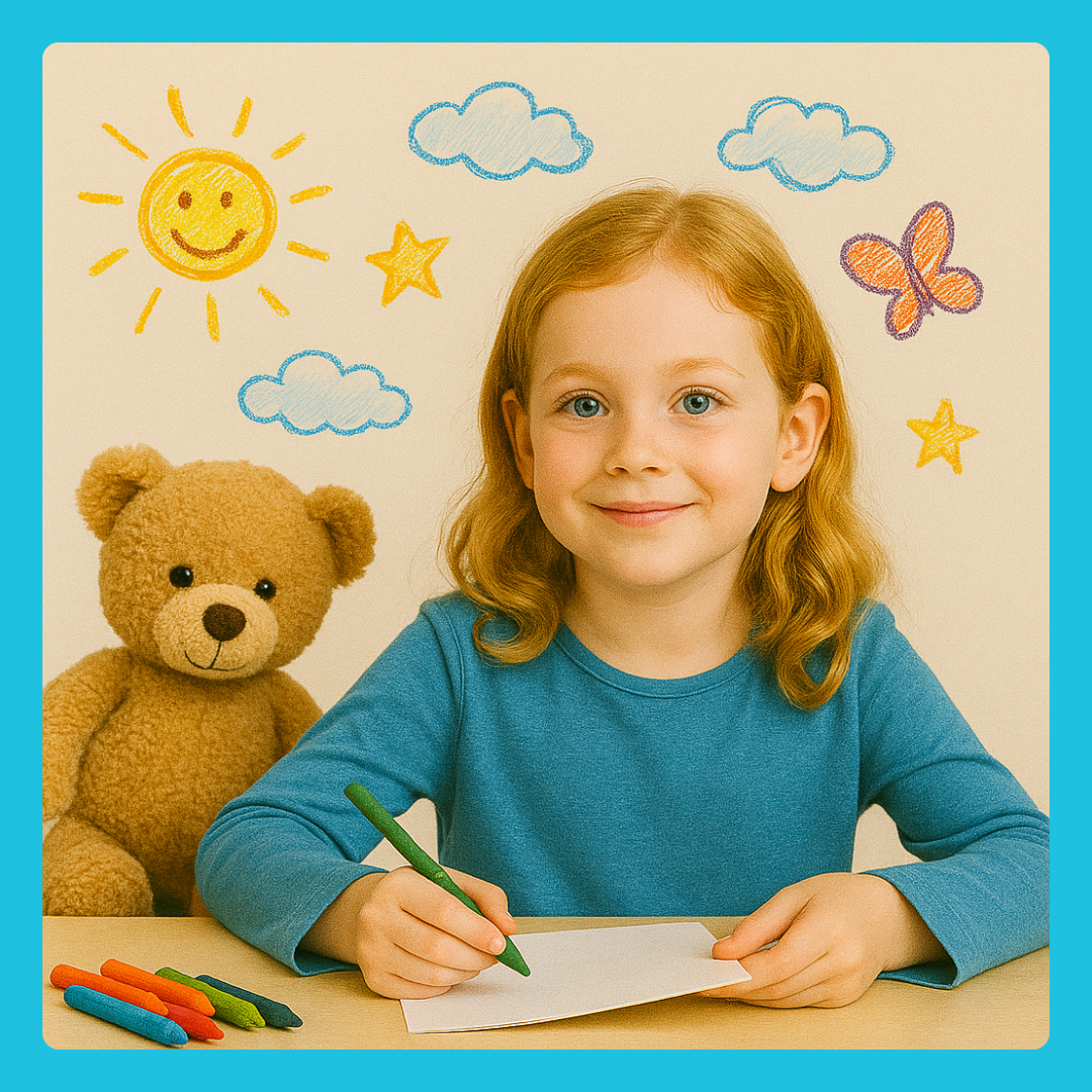 Child drawing with a teddy bear
